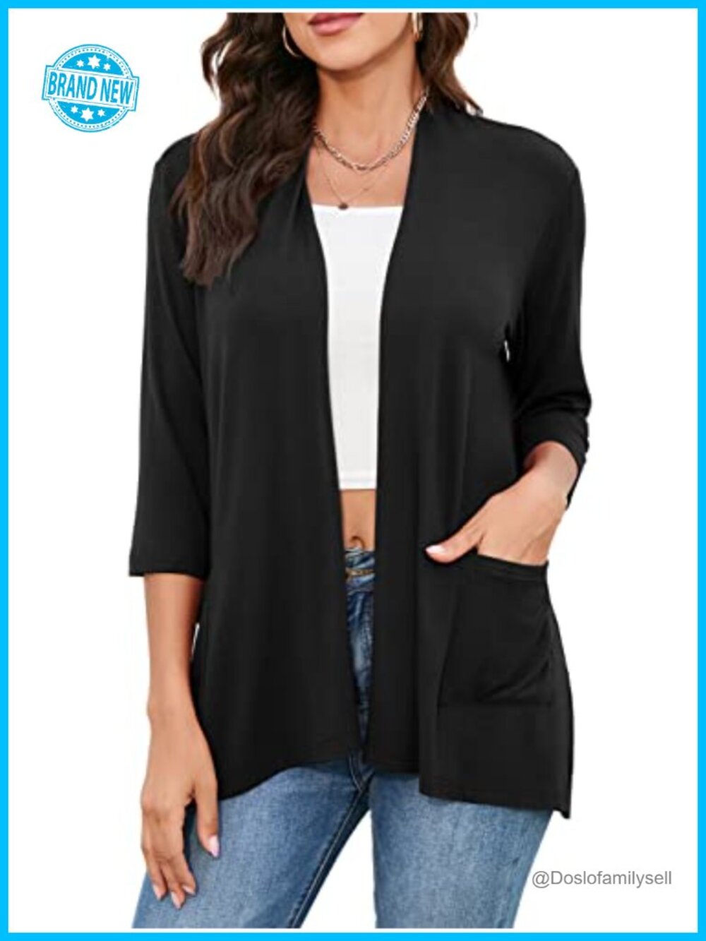 Womens Lightweight Open Front Cardigan with Pockets 3/4 Sleeve Duster